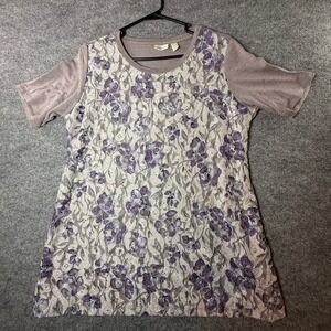 LOGO Lounge Lori Goldstein Floral Lace Front Short Sleeve Top Mauve Purple M
